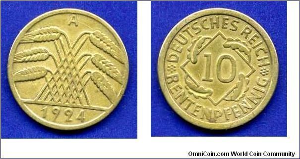 10 rentenpfennig.
Weimar's republic.
(A) Berlin mint.
Mintage 169,956,000 units.


Al-Br.