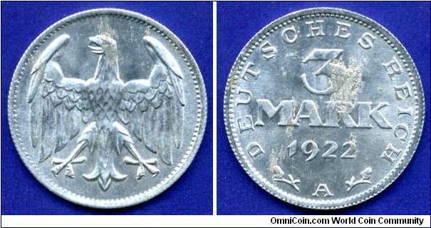 3 Mark.
Weimar's Republic.
(A) Berlin mint.
Mintage 15,497,000 units.


Al.