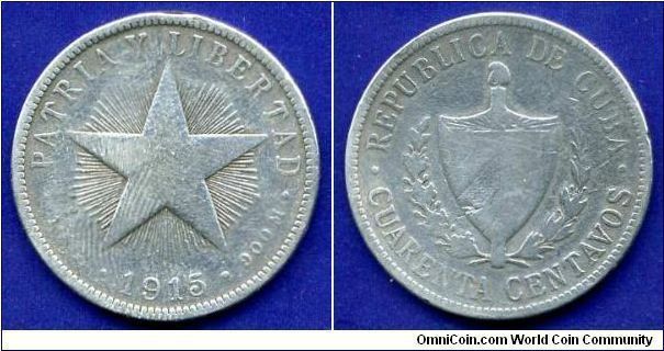 40 centavos.
*Sentavos with star*.
Mintage 2,633,000 units.


Ag900f. 10gr.