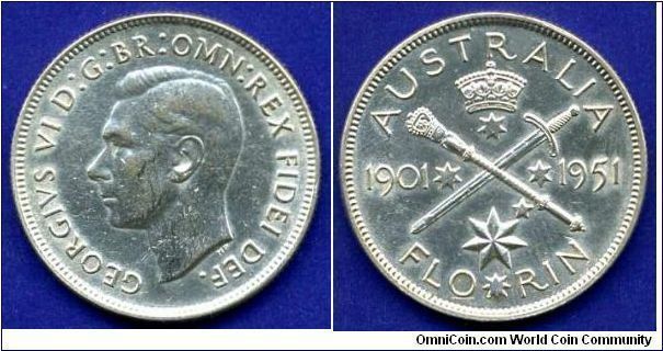 Florin.
50th Years Jubilee of King George VI (1936-1952).
Mintage 2,000,000 units.


Ag500f. 11,31gr.