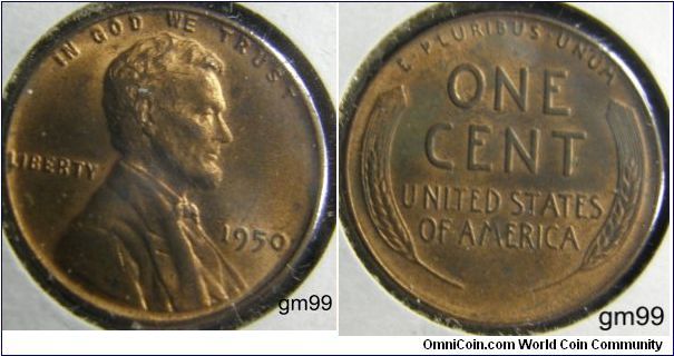 1950 Wheat Penny
Composition: .950 Copper, .05 Tin and Zinc 
Diameter: 19 mm 
Weight: 3.11 grams 
Edge: Plain