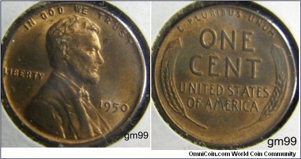 1950 Wheat Penny
Composition: .950 Copper, .05 Tin and Zinc 
Diameter: 19 mm 
Weight: 3.11 grams 
Edge: Plain