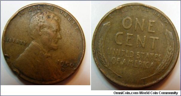 Bronze 
1950D Wheat Penny
Composition: .950 Copper, .05 Tin and Zinc 
Diameter: 19 mm 
Weight: 3.11 grams 
Edge: Plain