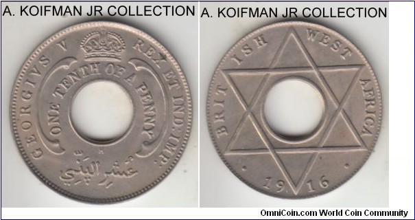 KM-7, 1916 British West Africa 1/10 penny, Heaton mint (H mintmark); copper nickel, plain edge; one of the scarcer coins of that type. A pity it has a spot on obverse by the X and pearls on the crown are not fully struck due to the weak strike.