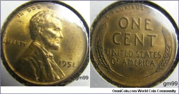 1951 Wheat Penny
Composition: .950 Copper, .05 Tin and Zinc 
Diameter: 19 mm 
Weight: 3.11 grams 
Edge: Plain