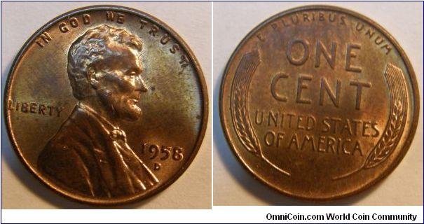 Bronze
1958D Wheat Penny
Composition: .950 Copper, .05 Tin and Zinc 
Diameter: 19 mm 
Weight: 3.11 grams 
Edge: Plain