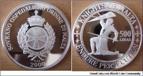 ORDER OF MALTA -  500 Liras - knights of Malta serie - Endure persecution - 32.4 g Ag 999 - mintage unknown