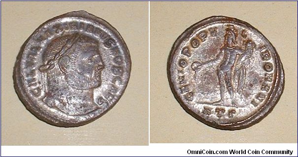 GALERIUS - Silvered AE Follis. 297-298 -GAL VAL MAXIMIANVS NOB CAES, laureate head right / GENIO POPV-L-I ROMANI, Genius standing left, holding patera & cornucopia, HTGamma in ex. Mm 27,5 grs 10,5