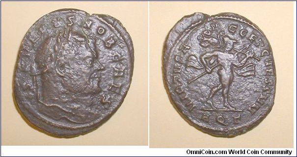 SEVERUS II, as Caesar - AE Follis - 305/306 AD. - Aquileia mint -SEVERVS NOB CAES, laureate head right / VIRTVS AVGG ET CAESS NN, Mars advancing right carrying spear & trophy, AQGamma in ex. Mm 30,grs 10 (Rare)