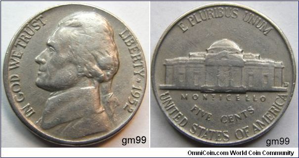 Thomas Jefferson
5 CENTS.1952D,Mintmark: D (for Denver) to the right of the building on the reverse