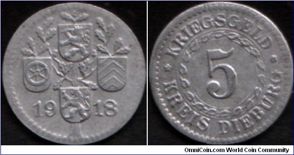 1918 Dieburg 5 pfennig notgeld.