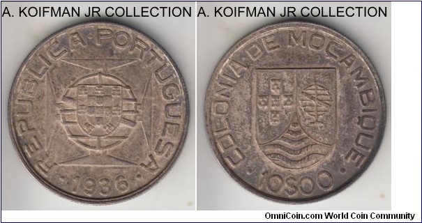 KM-67, 1936 Portuguese Mozambique (Colony) 10 escudos; silver, reeded edge; 1 year early 20't century type, scarce in high grades, darker toned about uncirculated.