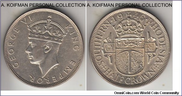KM-15a, 1946 Southern Rhodesia 1/2 crown; silver, reeded edge; good extra fine, last of the silver mintage.