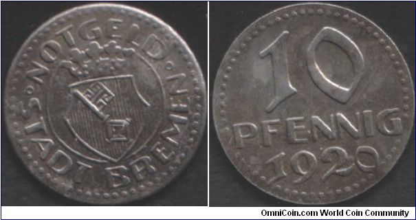 1920 Bremen 10 pfennig notgeld.