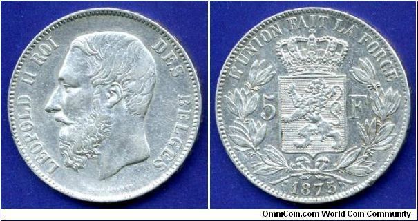 5 Francs.
Leopold II (1865-1909) Roi Des Belgen.


Ag900f. 25gr.