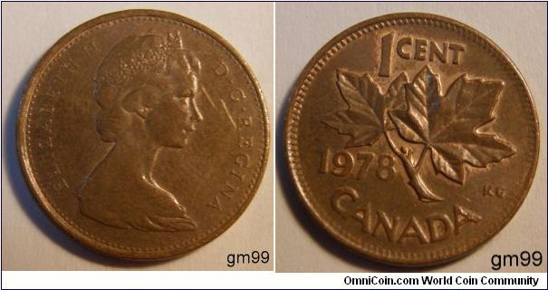 Bronze, Obverse: Queen Elizabeth II bust right Reverse; Maple leaf divides date and denomination.
1 Cent