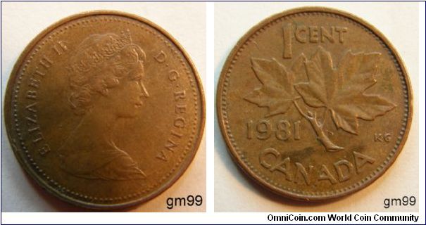 Obverse;Queen Elizabeth II bust right. Reverse; Maple leaf divides date and denomination. Edge; Plain. NOTES; reduced weight, Bronze,
1 Cent