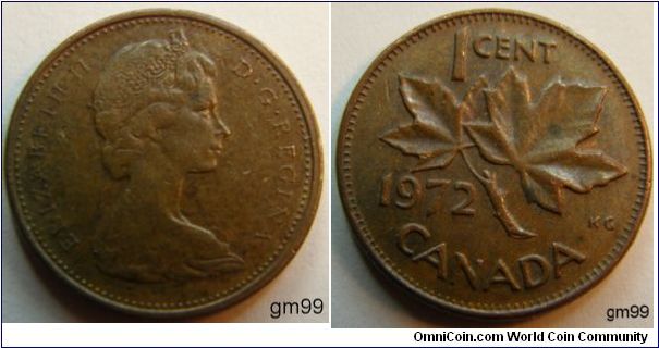 Obverse;Queen Elizabeth II bust right. Reverse; Maple leaf divides date and denomination. Bronze,
1 Cent