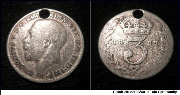 George V three pence. Damage: used as pendant.