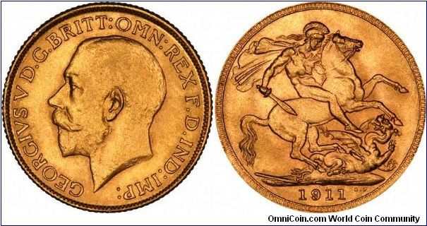 Coronation year London Mint gold sovereign of George V.