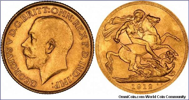 London Mint gold sovereign of George V. Compare this with our previous 1912 sovereign images which are still among our most often stolen images. The new ones are much better.