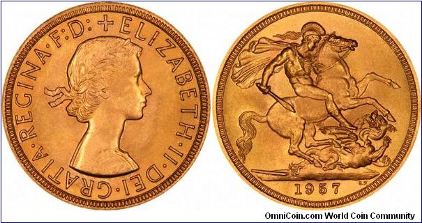 Better photographs of 1957 gold sovereign, the first date issued of Elizabeth II. Unfortunately Yann  has performed a very tight circular crop, which has removed the fine edge milling, a distinctive feature of this date.