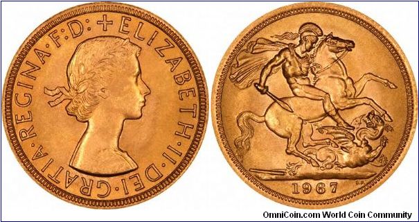 1967 gold sovereign of Elizabeth II.