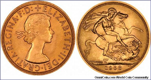 1968 gold sovereign of Elizabeth II, the last date of the first, young head type.