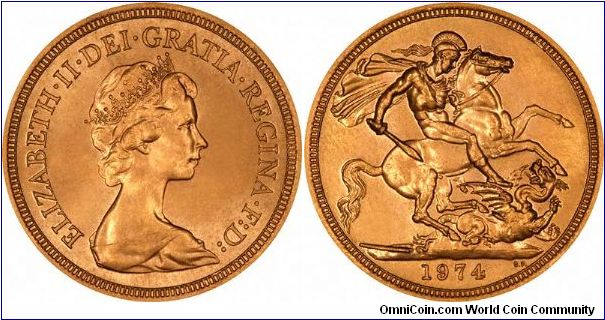 1974 gold sovereign of Elizabeth II, the first date of the decimal portrait by Arnold Machin.