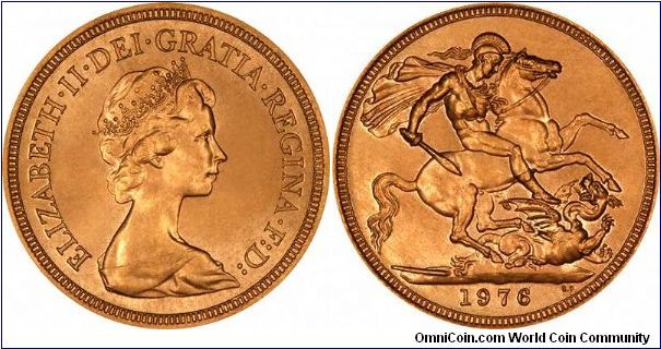 1976 gold sovereign of Elizabeth II, the second year of the decimal portrait by Arnold Machin. There were none issued by 1975.