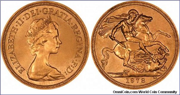 1978 gold sovereign of Elizabeth II, the third year of the decimal portrait by Arnold Machin. There were none issued by 1977.