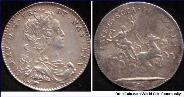 This is what is known as a `stock jeton'. These were struck and held in reserve against the event of there being a shortfall in the requirements for jetons from the various administrations.This one bears a youthful bust of Louis XV and was probably minted in the early years of his reign