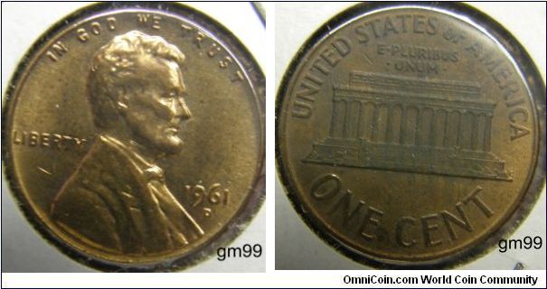 COPPER PLANCHET 
LINCOLN CENT, MEMORIAL REVERSE
1961D Penny