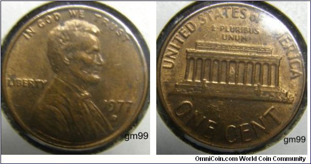 LINCOLN CENT, MEMORIAL REVERSE
COPPER PLANCHET
1977D Penny