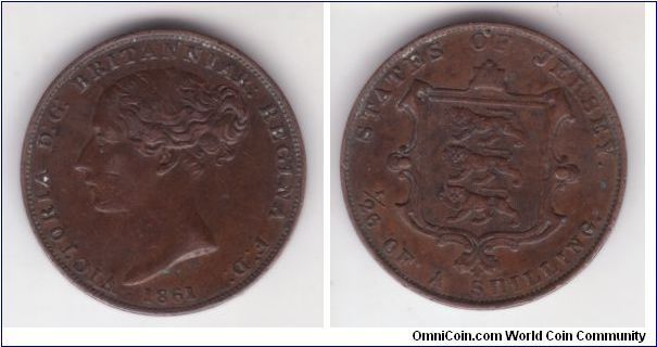KM-2, 1861 1/26'th of a shilling. Overused die resulted in filled top of A in VICTORIA. No visible reengraving but some dirt needs to be removed first.