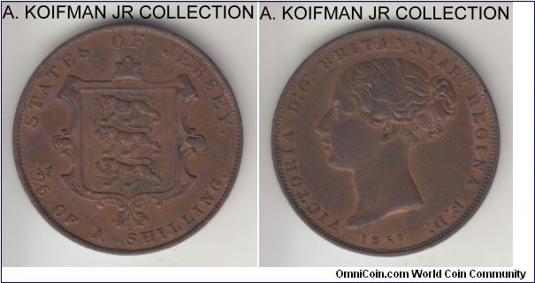 KM-2, 1851 Jersey 1/26'th of a shilling (half penny); copper, plain edge; Victoria, heavily recut dies for most of obverse including completely recut date, good very fine to extra fine.