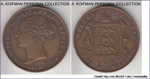 KM-2, 1858 Jersey 1/26'th of a shilling; copper, plain edge; very fine to good very fine, some die re-engraving - V in VICTORIA on obverse; possibly A'ATES, F in OF, both E's, R and Y in JERSEY, old cleaning.