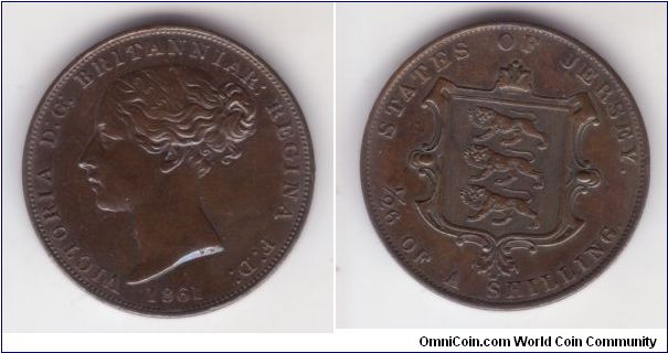 KM-2, 1861 1/26'th of a shilling; completely reingraved inscription on obverse (text and date) and partial reverse recut including doubling of 2 in denomination.

All dots on lions are visible although the rightmost two on the top aminal are barely so which makes it the best example of this type I have.

Die clash visible showing shield's vertical lines  under the Queen's chin.

Unfortunately looks like it was cleaned some time in the past making the color unnatural....