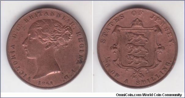 KM-2, 1861 1/26'th of a shilling. Another one of my coins with heavy die re-engraving: V in VICTORIA, B, both R's and T in BRITANNIAR, R and N in REGINA on obverse; F in OF, both E's, R and Y in JERSEY.

Good about extra fine example but unfortunately cleaned as well.