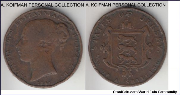 KM-1, 1841 Jersey 1/52'th of a shilling; copper, plain edge; scarce type, very good to fine details, well circulated, however interestingly Remick specifically notes that this type in 1841 had last figure one cut over 0 in the date which clearly is not the case in this specimen; maybe be one of the later mintage speciments where new dies had to be prepared rather then re-cutting earlier dies.