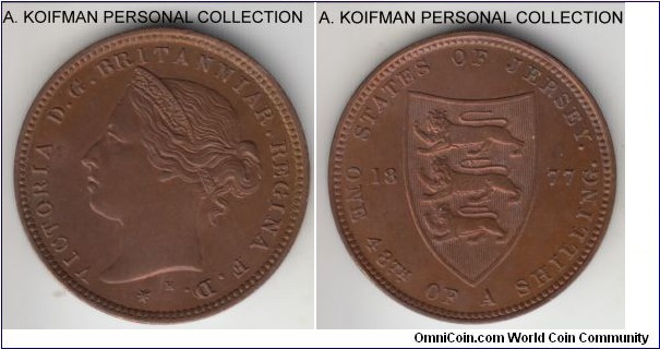 KM-6, 1877 Jersey 1/48'th of a shilling, Heaton mint (H mint mark); bronze, plain edge; one year type most of which was withdrawn, so rather scarce, this is a beautiful uncirculated specimen, but reverse center is a little too bright, may have been wiped, so I will let it age in the holder for a couple of decades.