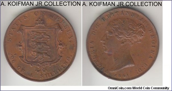 KM-2, 1851 Jersey 1/26'th of a shilling (half penny); copper, plain edge; Victoria, most of the letters had been recut plus completely recut date on obverse - all seen becasue the coin saw little to no circulation, almost uncirculated, some staining as common on copper.