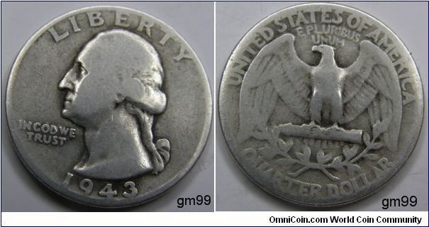 Washington Quarter, 25 CENTS,1943
Mintmark: None (for Philadelphia, PA) below the wreath on the reverse