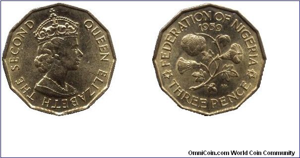 Nigeria, three pence, 1959, Ni-Brass, Queen Elizabeth II.                                                                                                                                                                                                                                                                                                                                                                                                                                                           