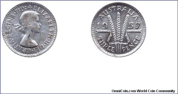 Australia, three pence, 1957, Ag, Queen Elizabeth II.                                                                                                                                                                                                                                                                                                                                                                                                                                                               