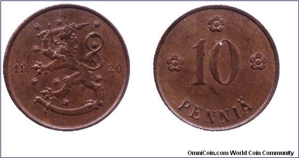 Finland, 10 pennia, 1929, Cu.                                                                                                                                                                                                                                                                                                                                                                                                                                                                                       