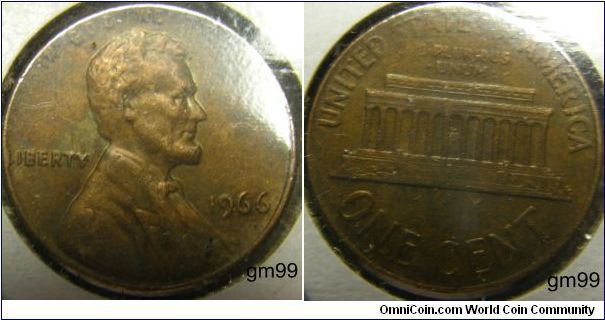 LINCOLN CENT, MEMORIAL REVERSE
Mintmark: None (for Philadelphia, PA) below the date
1966