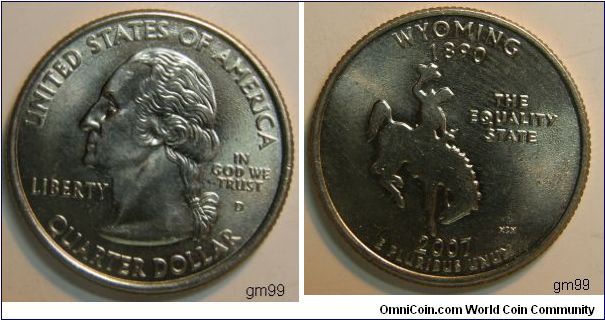 2007D
Wyoming, nicknamed the Equality State, was admitted into the Union on July 10, 1890, becoming our Nation's 44th state. The reverse of Wyoming's quarter features a bucking horse and rider with the inscriptions The Equality State, Wyoming and 1890