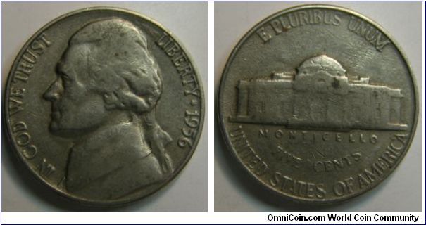THOMAS Jefferson Nickel,1956 
Mintmark: None (for Philadelphia) to the right of the building on the reverse