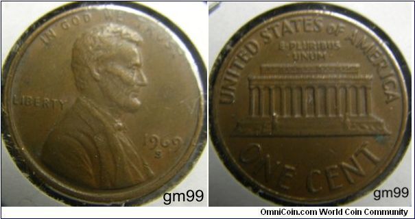 1969S Lincoln Cent
Edge: Plain
Mintmark: S (for San Francisco, CA) below the date